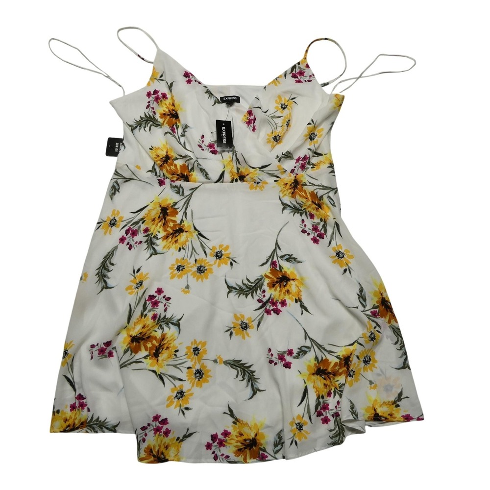 Express Dress Womens Large White Floral Chiffon Fit Flare Summer Sundress Lined